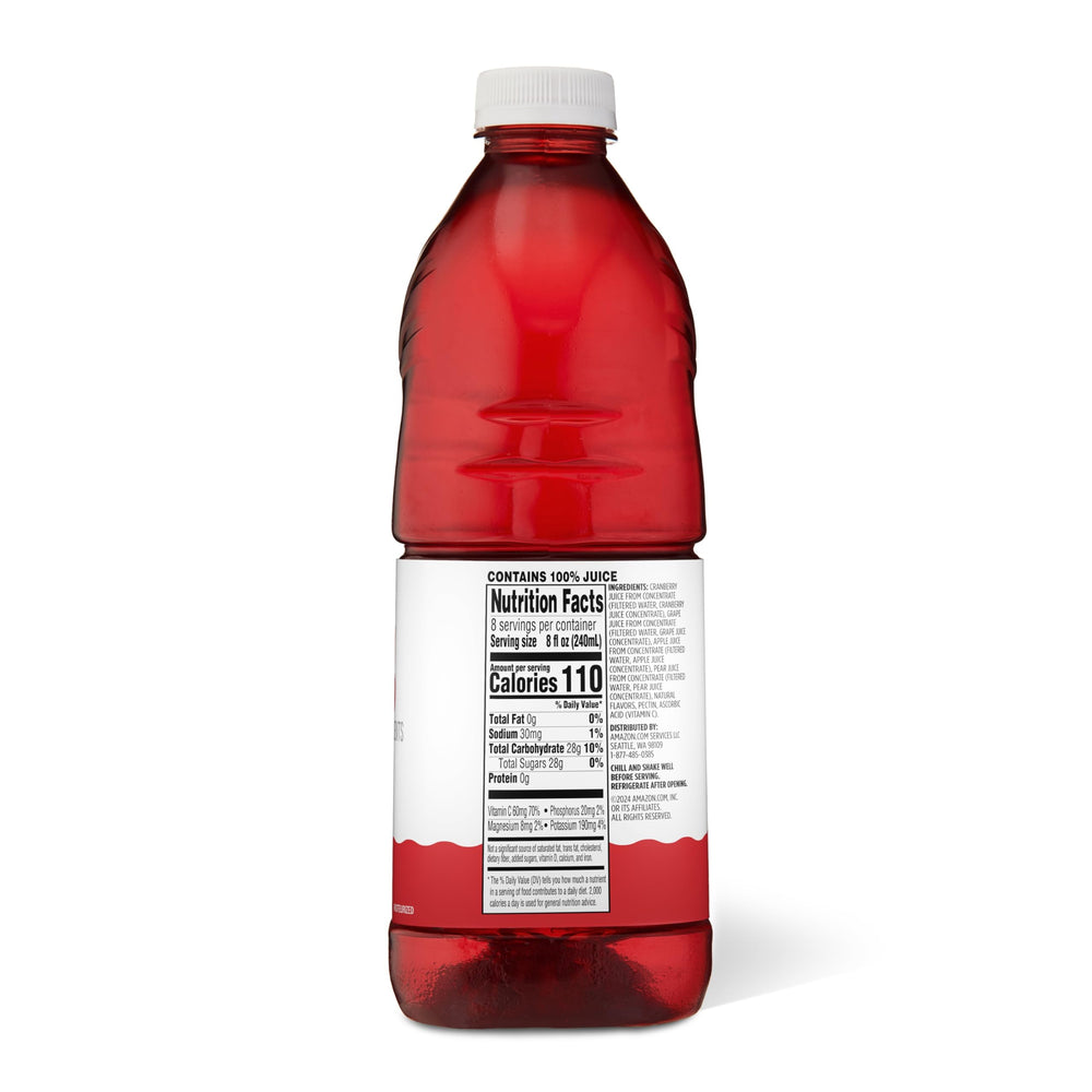 Amazon Grocery Cranberry Juice Blend being poured into a glass for flavor.