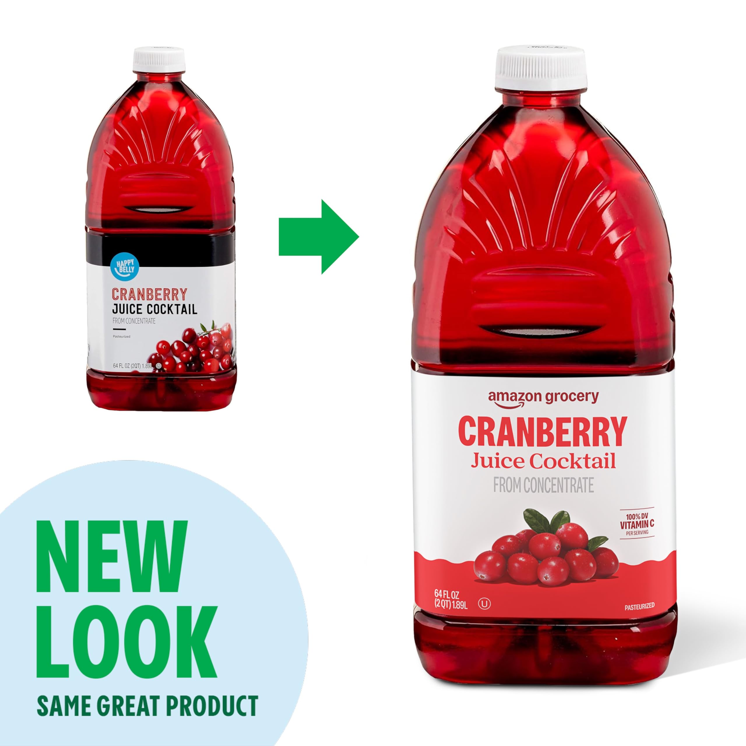 Amazon Grocery Cranberry Juice Cocktail label closeup shows brand and ingredients.