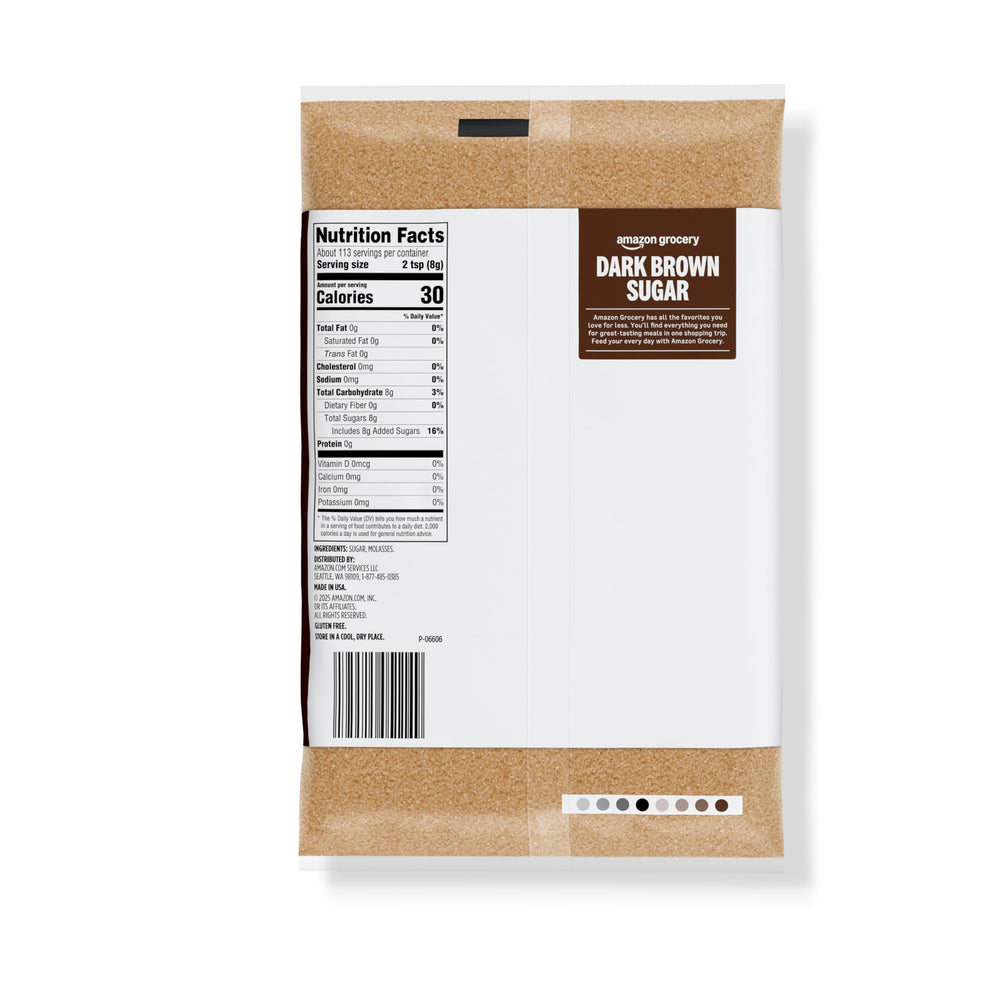 Amazon Grocery dark brown sugar packaging showing a sturdy 2lb bag for pantry storage.