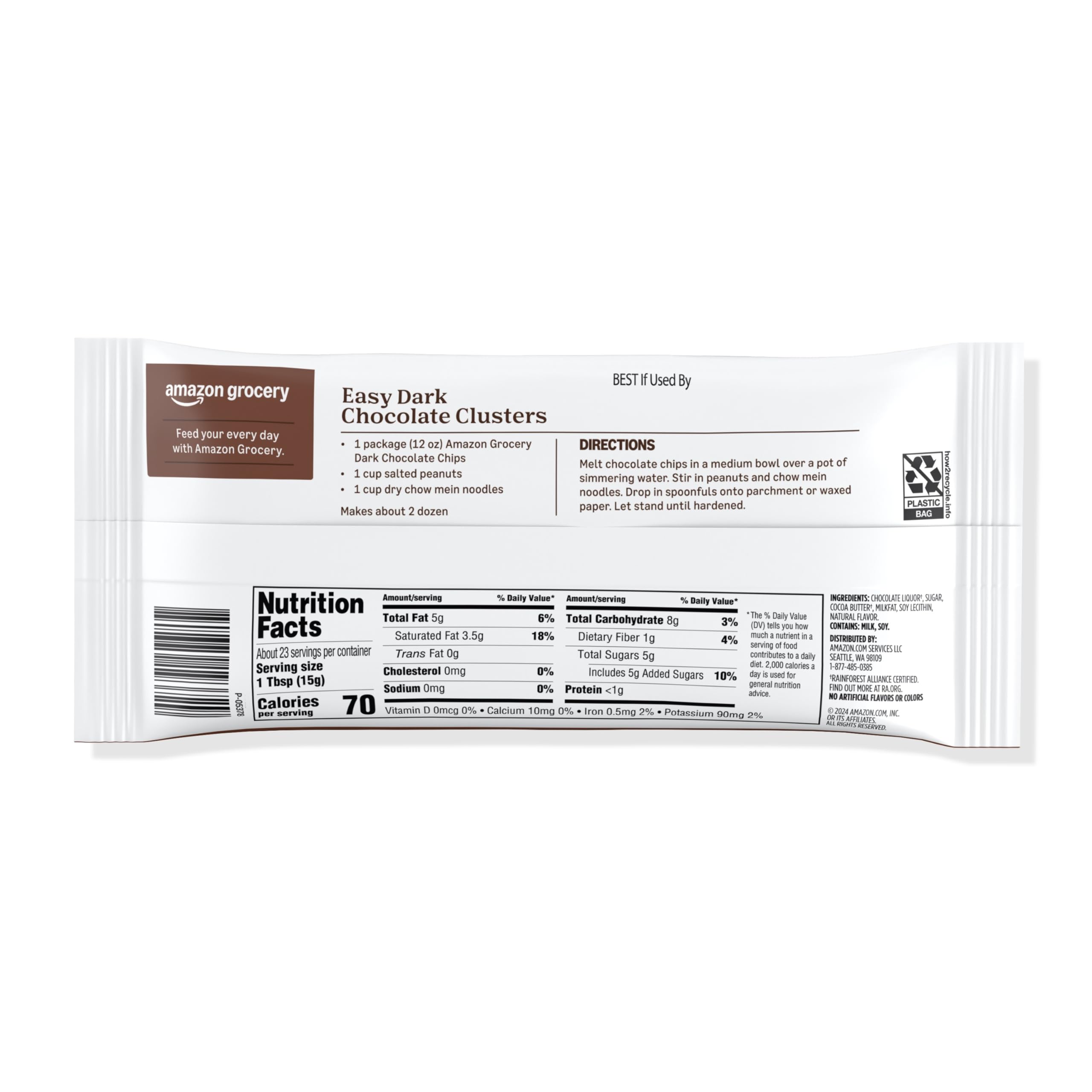 Amazon Grocery chips ingredients label shows 60% cocoa and allergens.