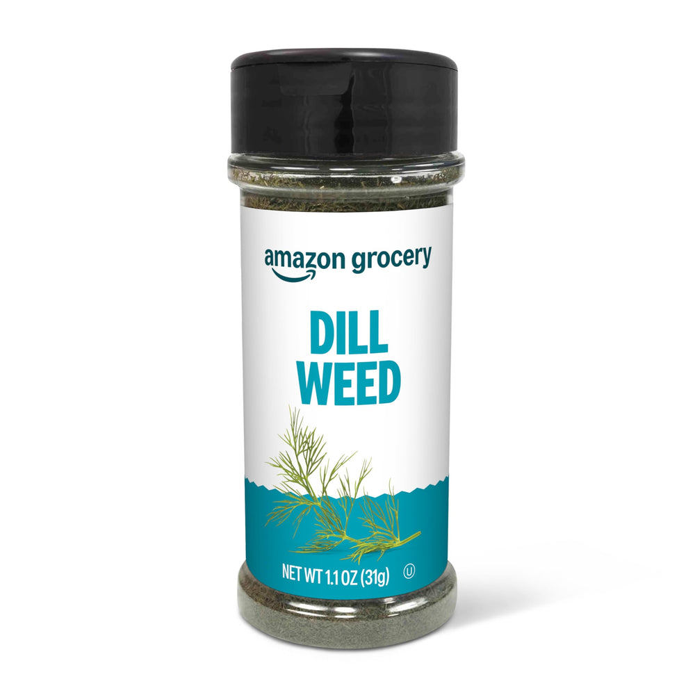 Amazon Grocery Dill Weed 1.1 oz bottle front for fresh flavor in fish and potatoes.