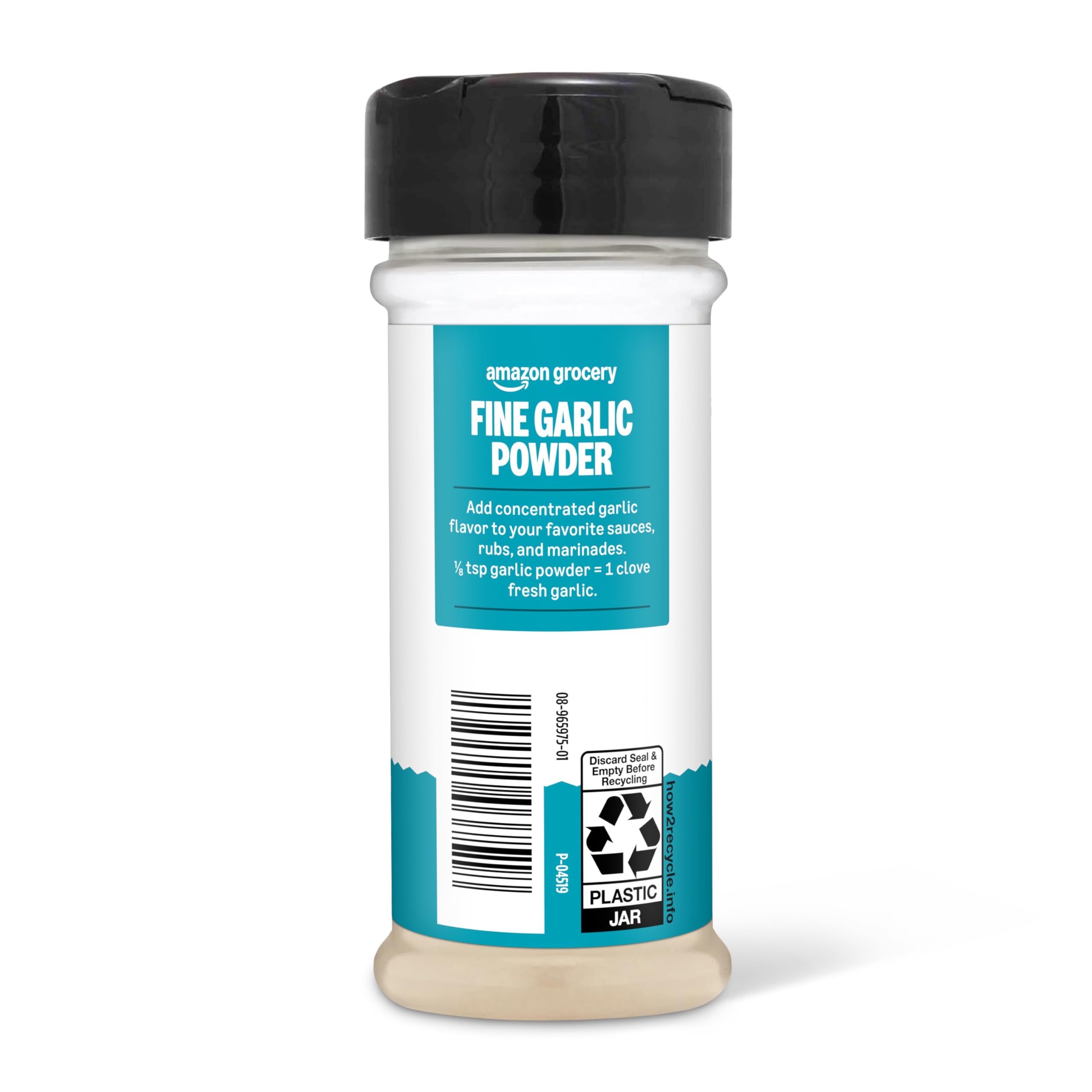 The Amazon Grocery Fine Garlic Powder package with resealable lid preserves freshness.