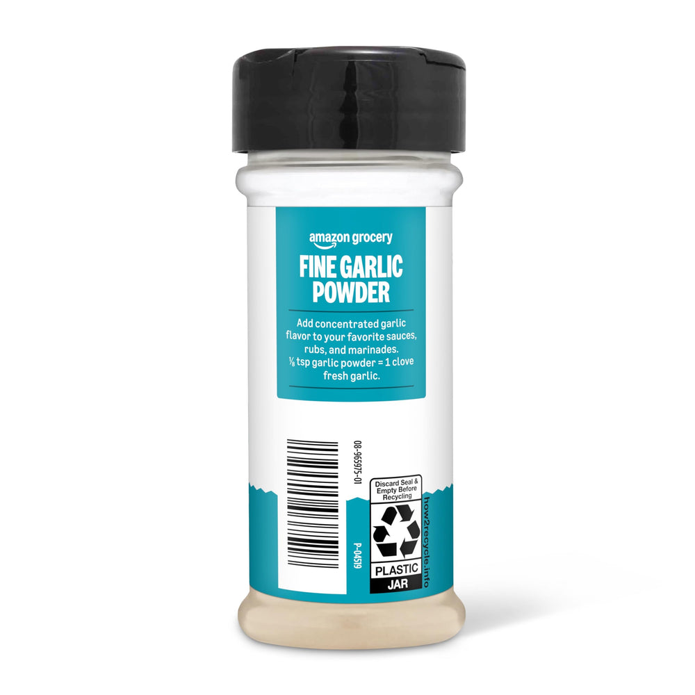 The Amazon Grocery Fine Garlic Powder package with resealable lid preserves freshness.