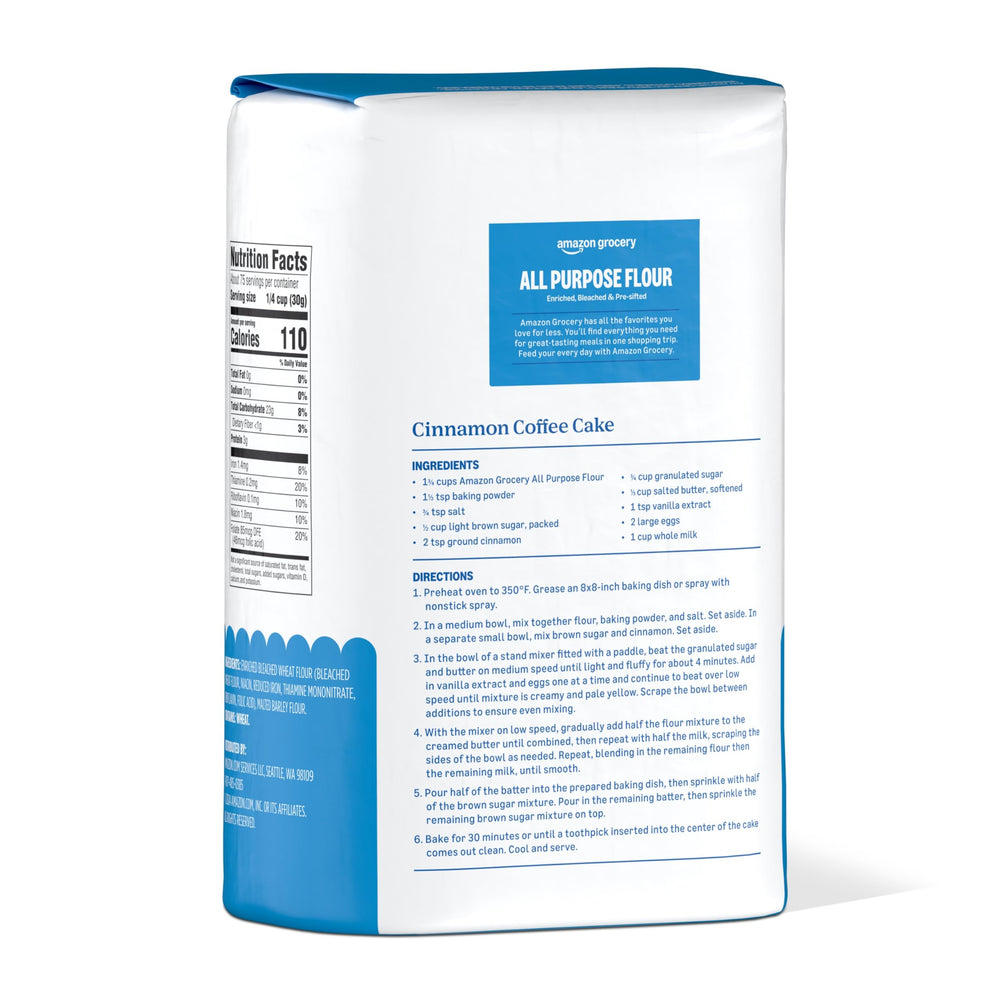 Amazon Grocery All Purpose Flour 5lb in a baking scene with bread and pastries.