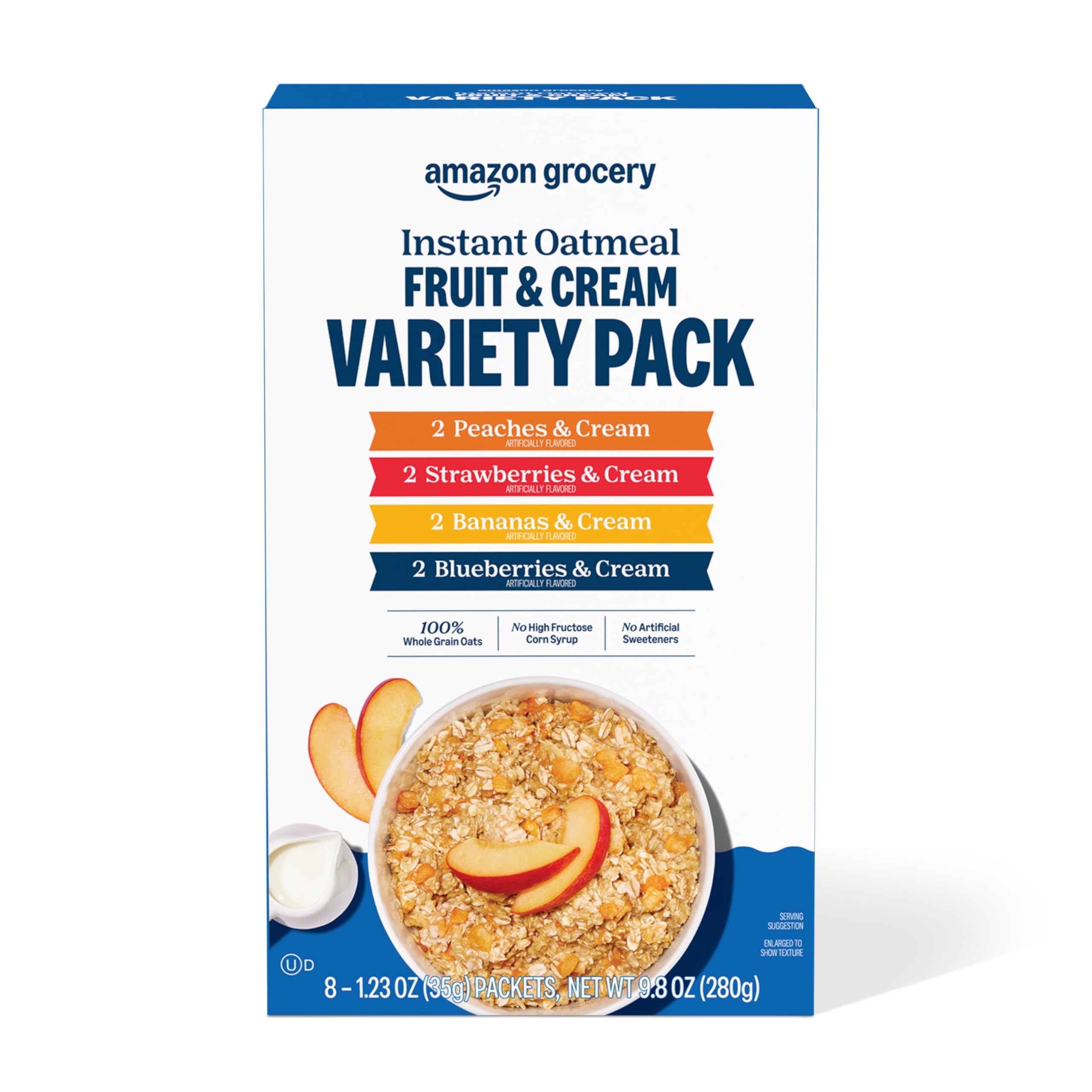 Amazon Grocery fruit and cream variety pack in box, easy breakfast option.