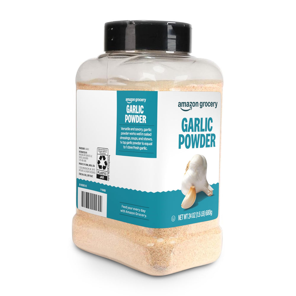 Amazon Grocery garlic powder 24oz label closeup highlights quality and brand trust.