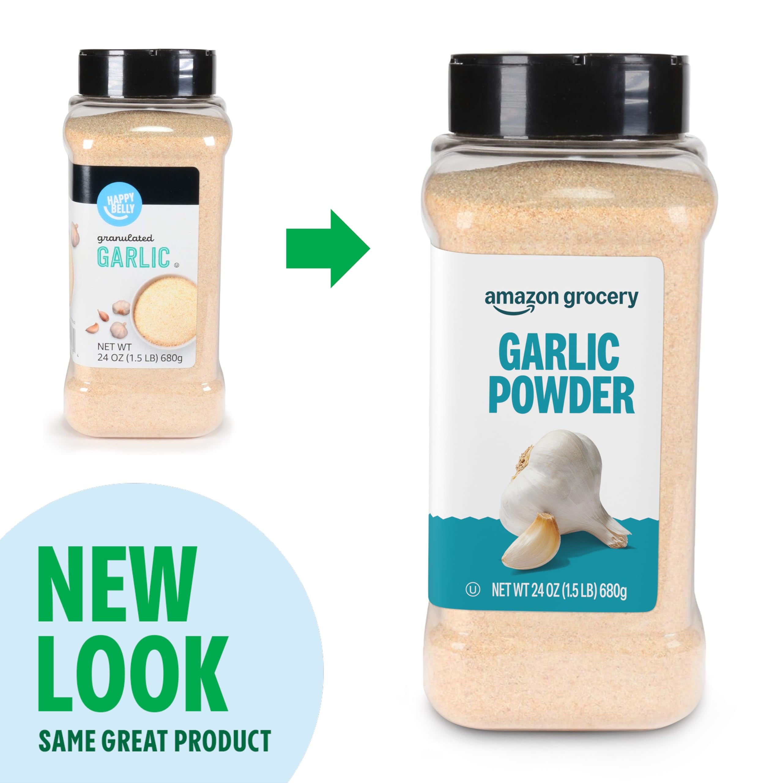 Amazon Grocery garlic powder 24oz sealed cap ensures freshness and easy storage.
