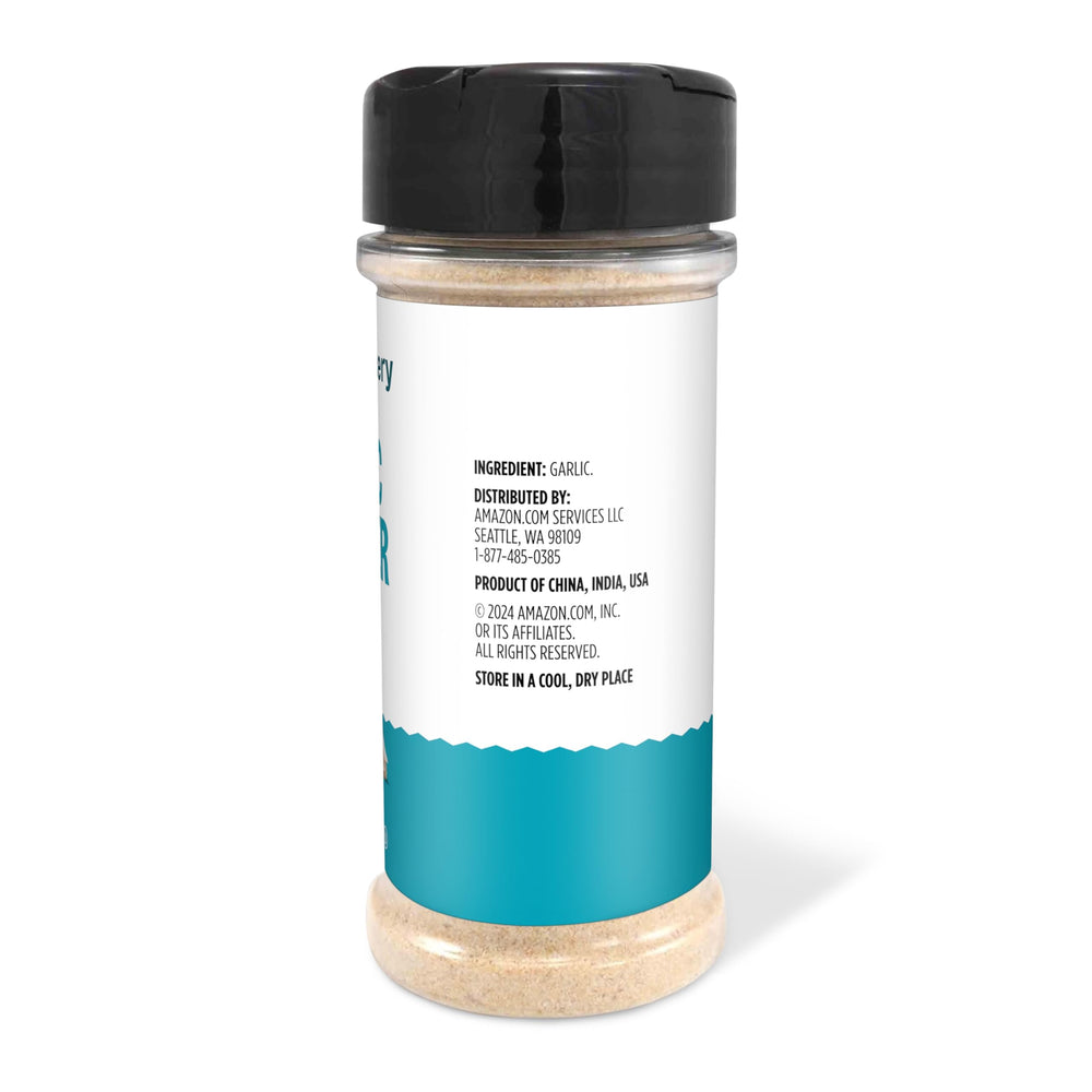 Amazon Grocery garlic powder jar highlighting versatile use in soups and roasts.