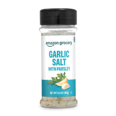 Amazon Grocery garlic salt with parsley bottle on the counter for quick flavor.