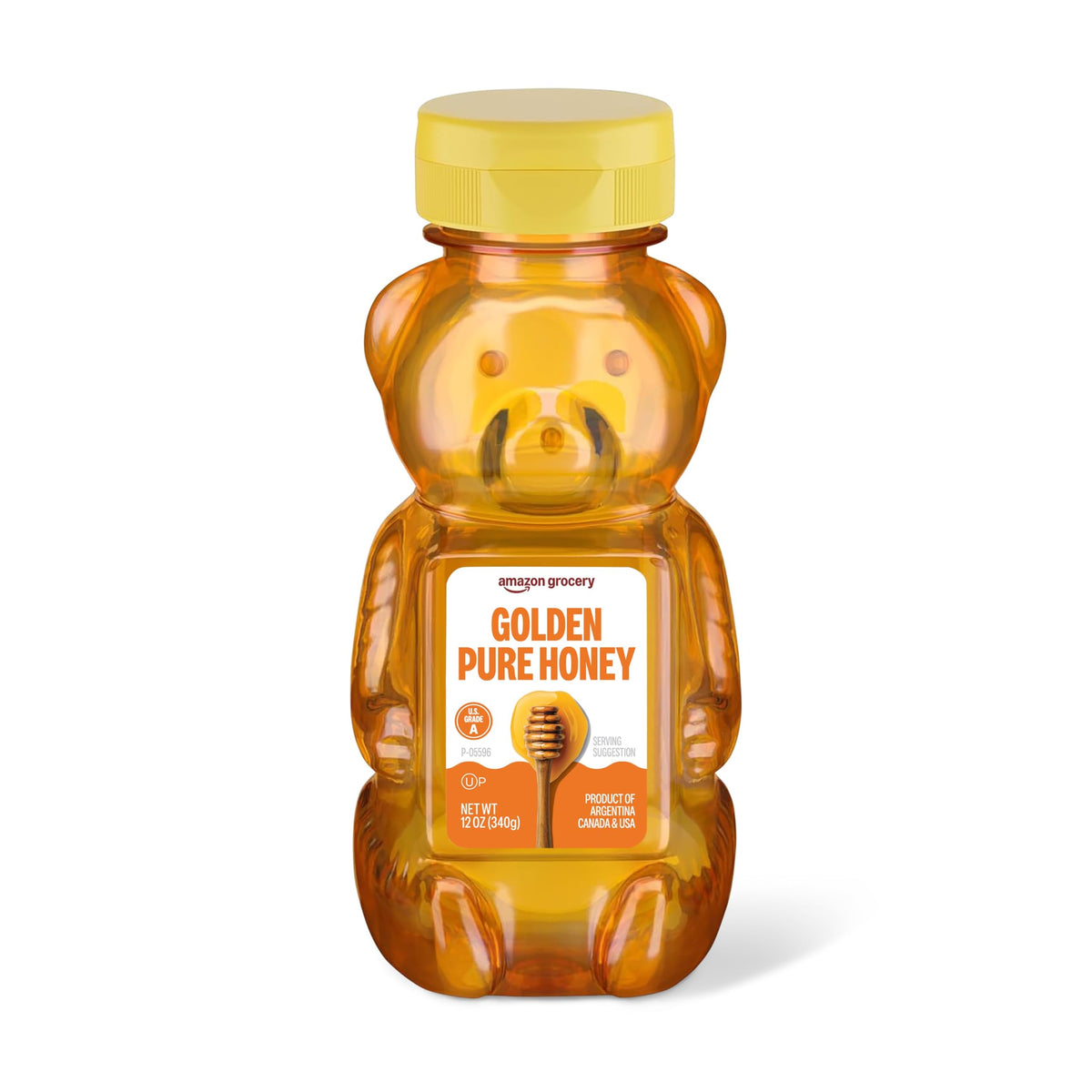 Amazon Grocery Golden Pure Honey 12oz bottle front for versatile breakfast use.