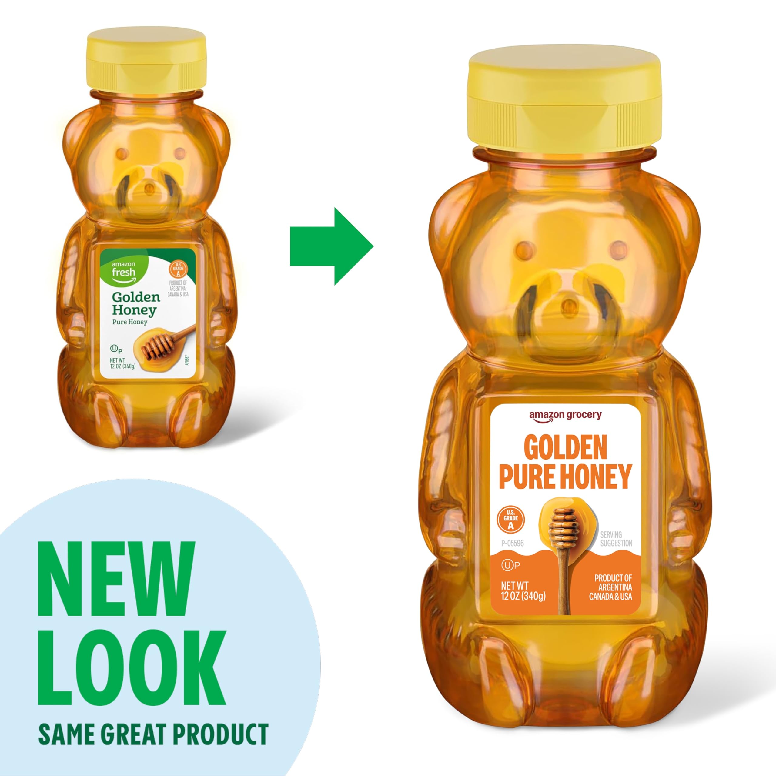 Amazon Grocery Golden Pure Honey tea spoon drizzle highlights smooth sweetness.