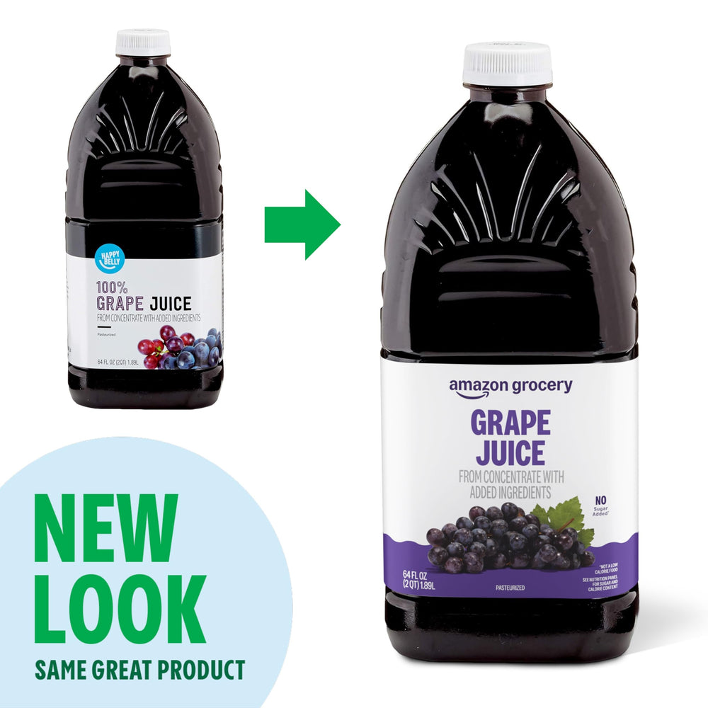 Amazon Grocery grape juice label closeup reveals branding and ingredient details.