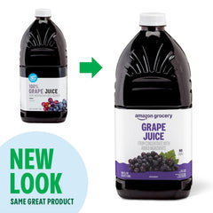 Amazon Grocery grape juice label closeup reveals branding and ingredient details.