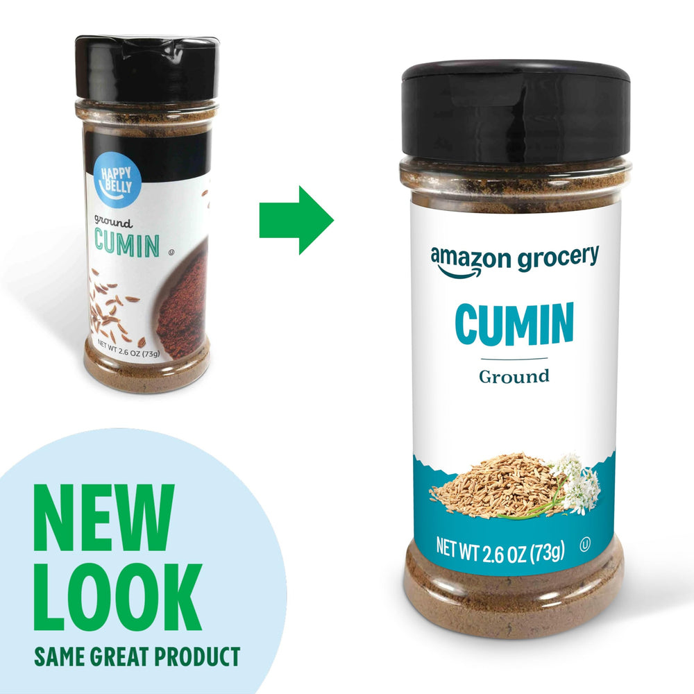 Amazon Grocery ground cumin label closeup highlighting freshness and packaging