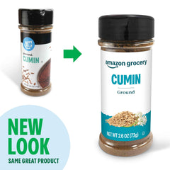 Amazon Grocery ground cumin label closeup highlighting freshness and packaging
