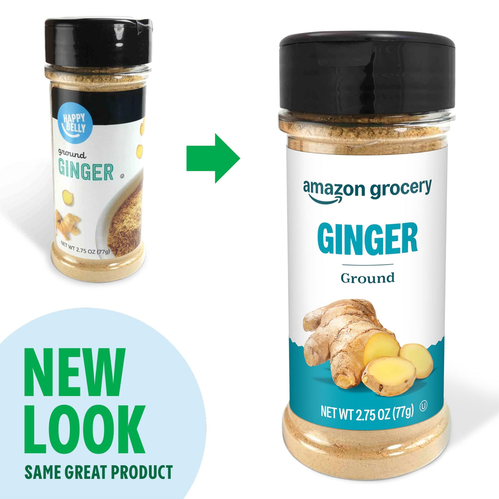 Amazon Grocery ground ginger bottle label close-up showing freshness