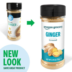 Amazon Grocery ground ginger bottle label close-up showing freshness