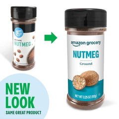 Amazon Grocery ground nutmeg label close-up shows quality packaging and weight