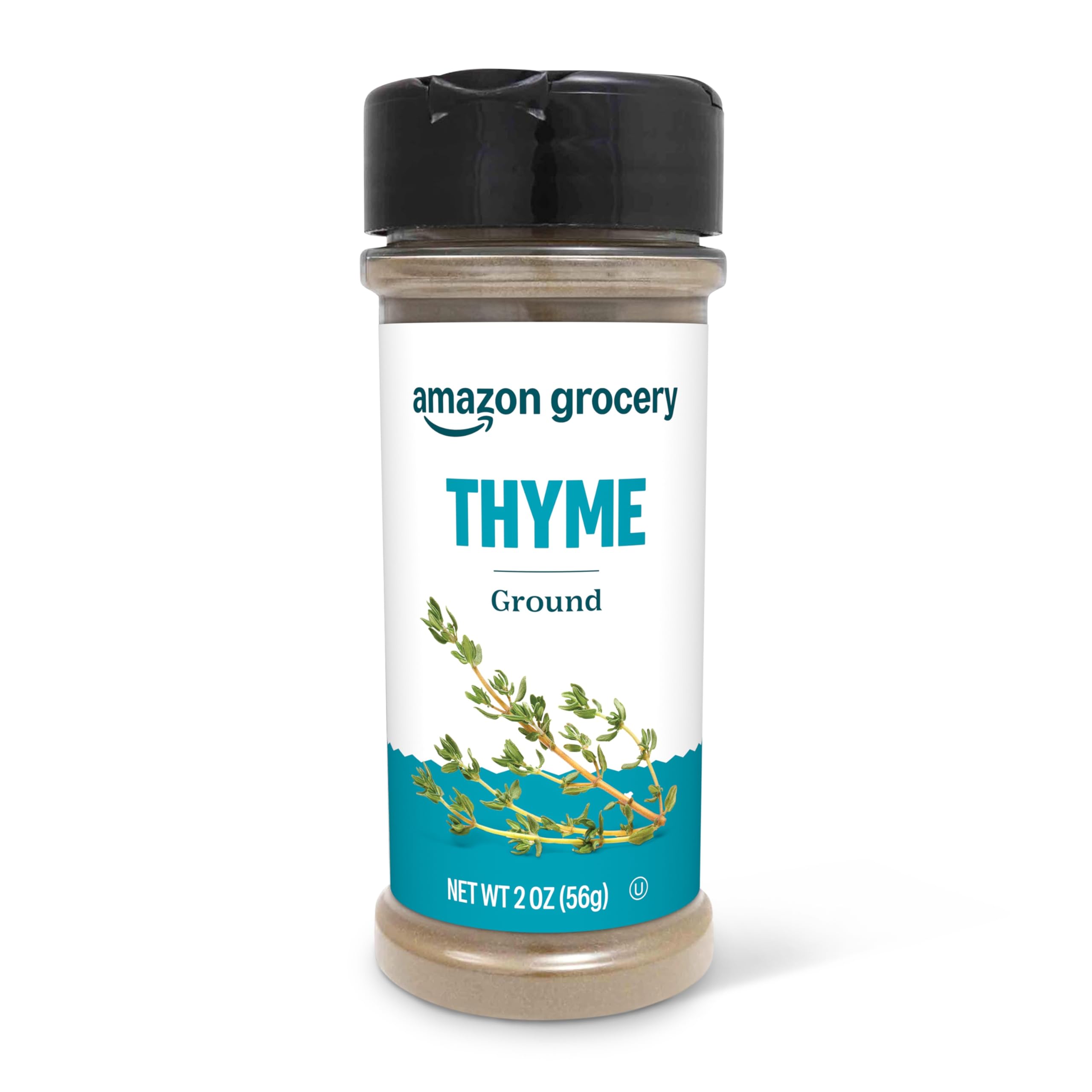Amazon Grocery ground thyme 2oz jar front, ready to season everyday meals.