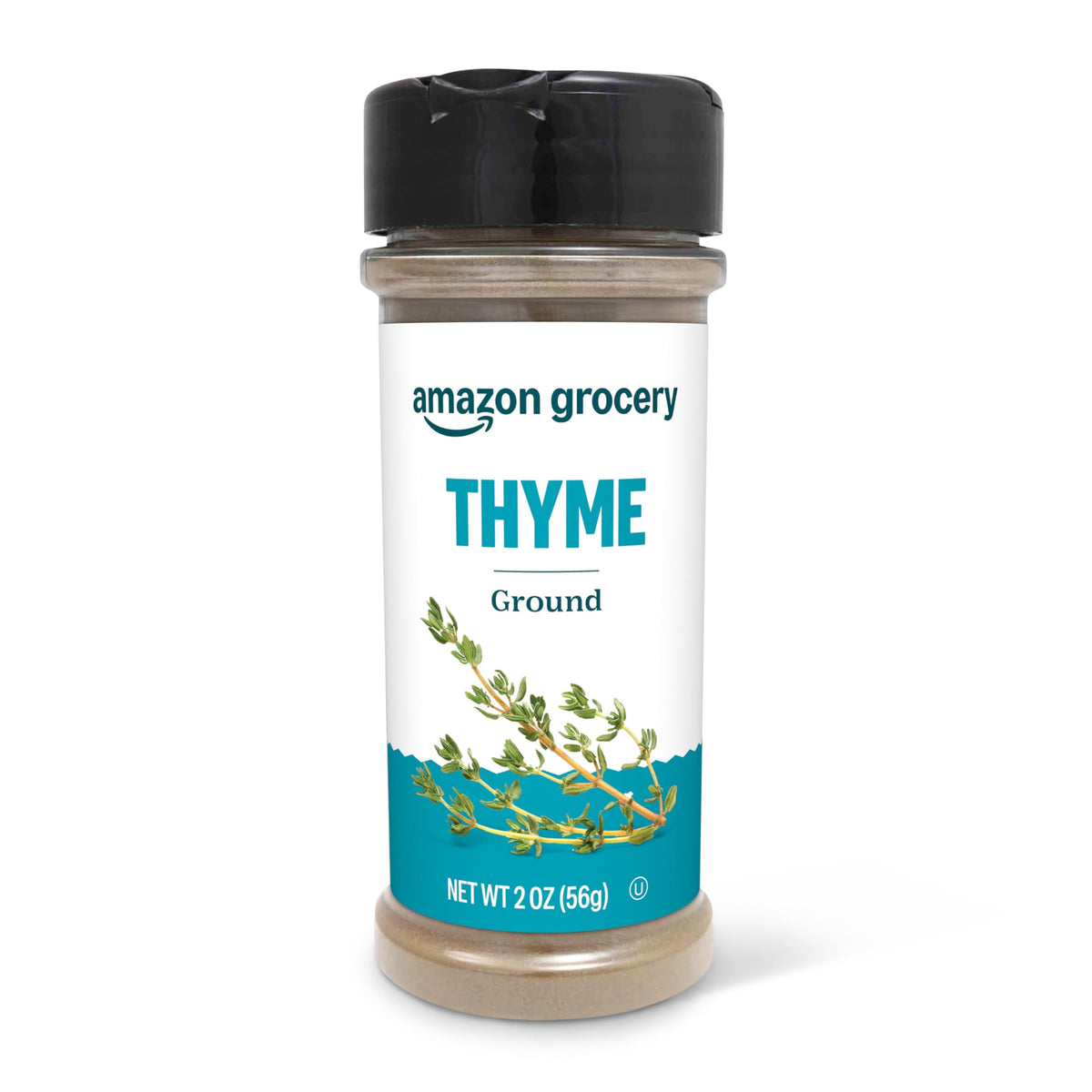 Amazon Grocery ground thyme 2oz jar front, ready to season everyday meals.