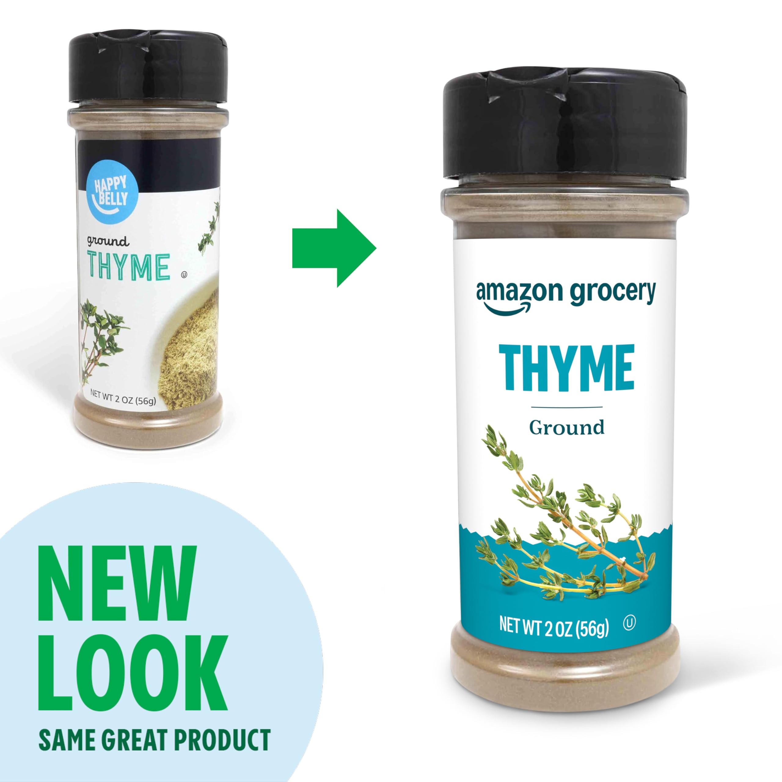 Amazon Grocery ground thyme label closeup, premium dried herb for flavor.
