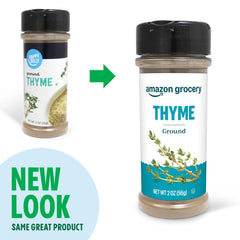 Amazon Grocery ground thyme label closeup, premium dried herb for flavor.
