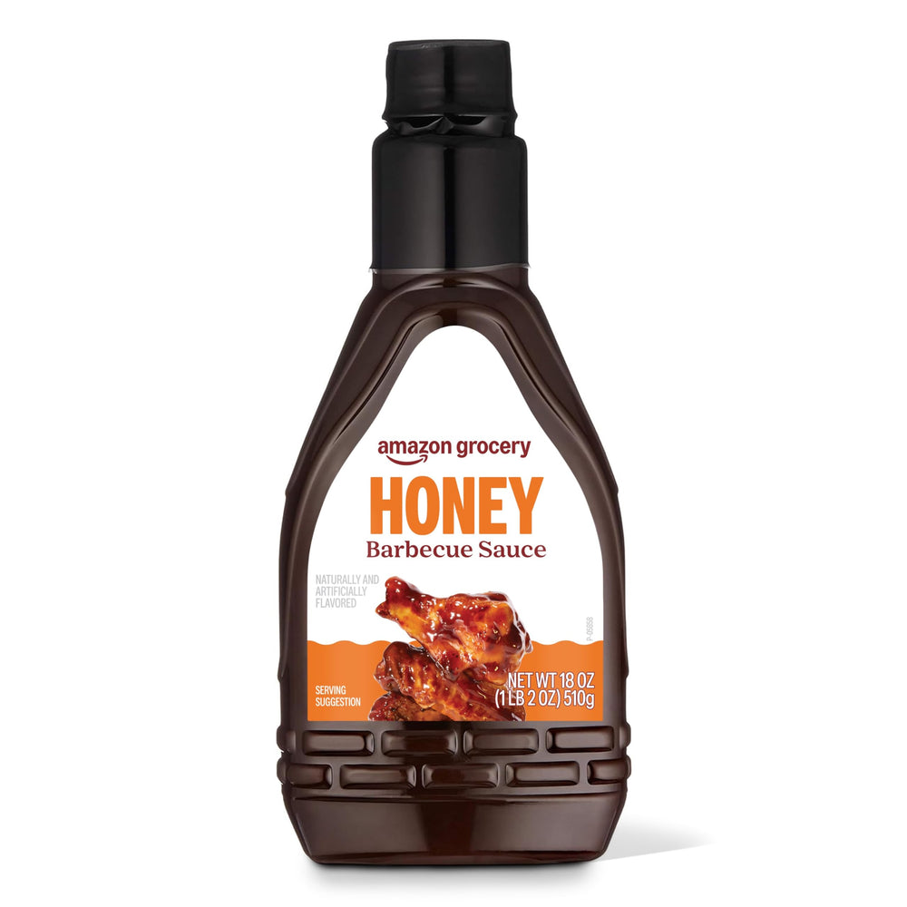 Amazon Grocery Honey BBQ Sauce bottle front, ready to boost grilled meals with sweet smoke.