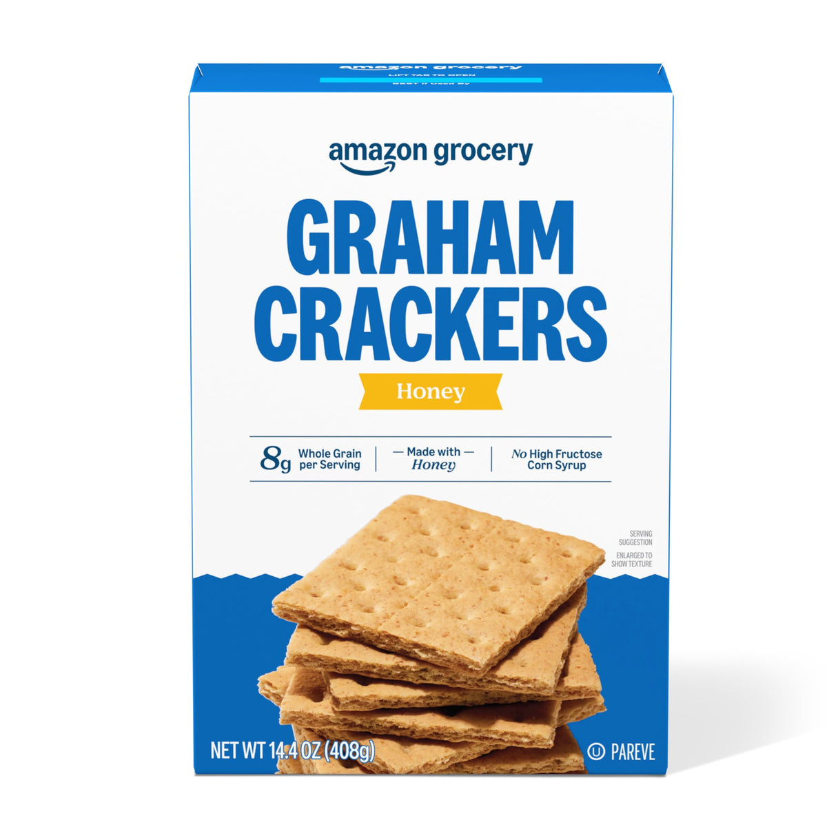 Amazon Grocery Honey Graham Crackers box front highlights classic honey flavor for kid-friendly snacks