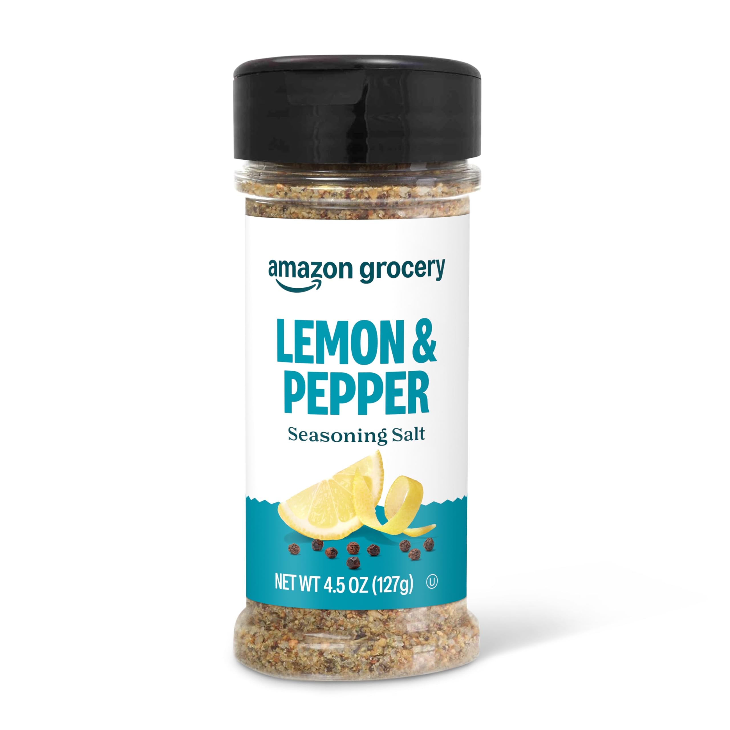 Amazon Grocery Lemon & Pepper seasoning bottle closeup highlights bright citrus aroma for everyday meals.