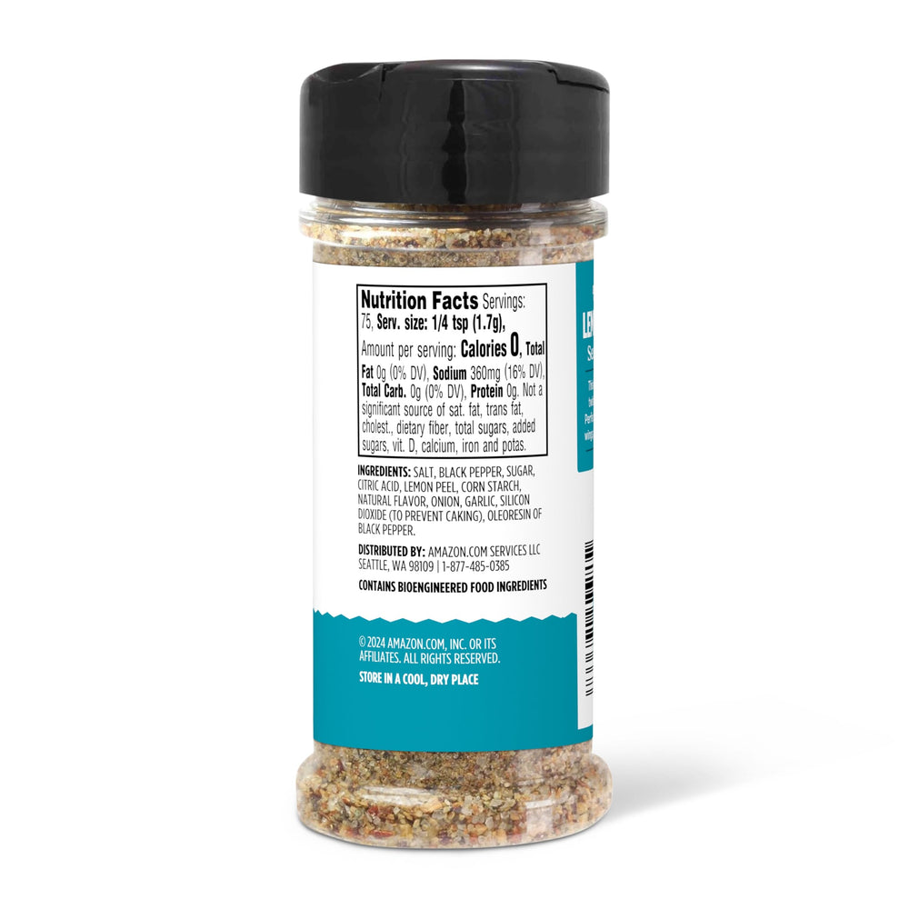 Amazon Grocery Lemon & Pepper seasoning salt jar offers versatile flavoring for snacks and meals.