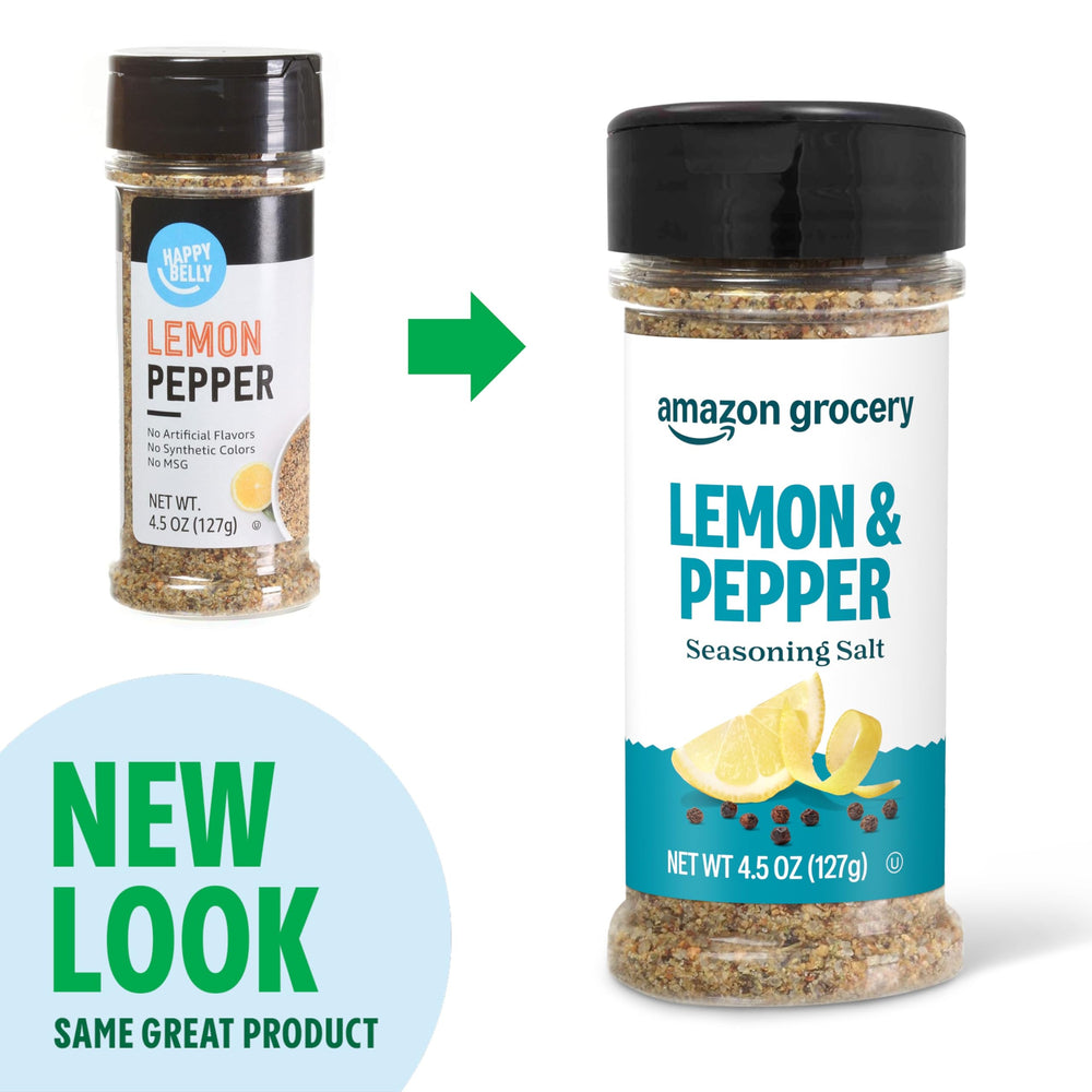 Amazon Grocery Lemon & Pepper seasoning sprinkled on a skillet-ready dish after a quick stir.