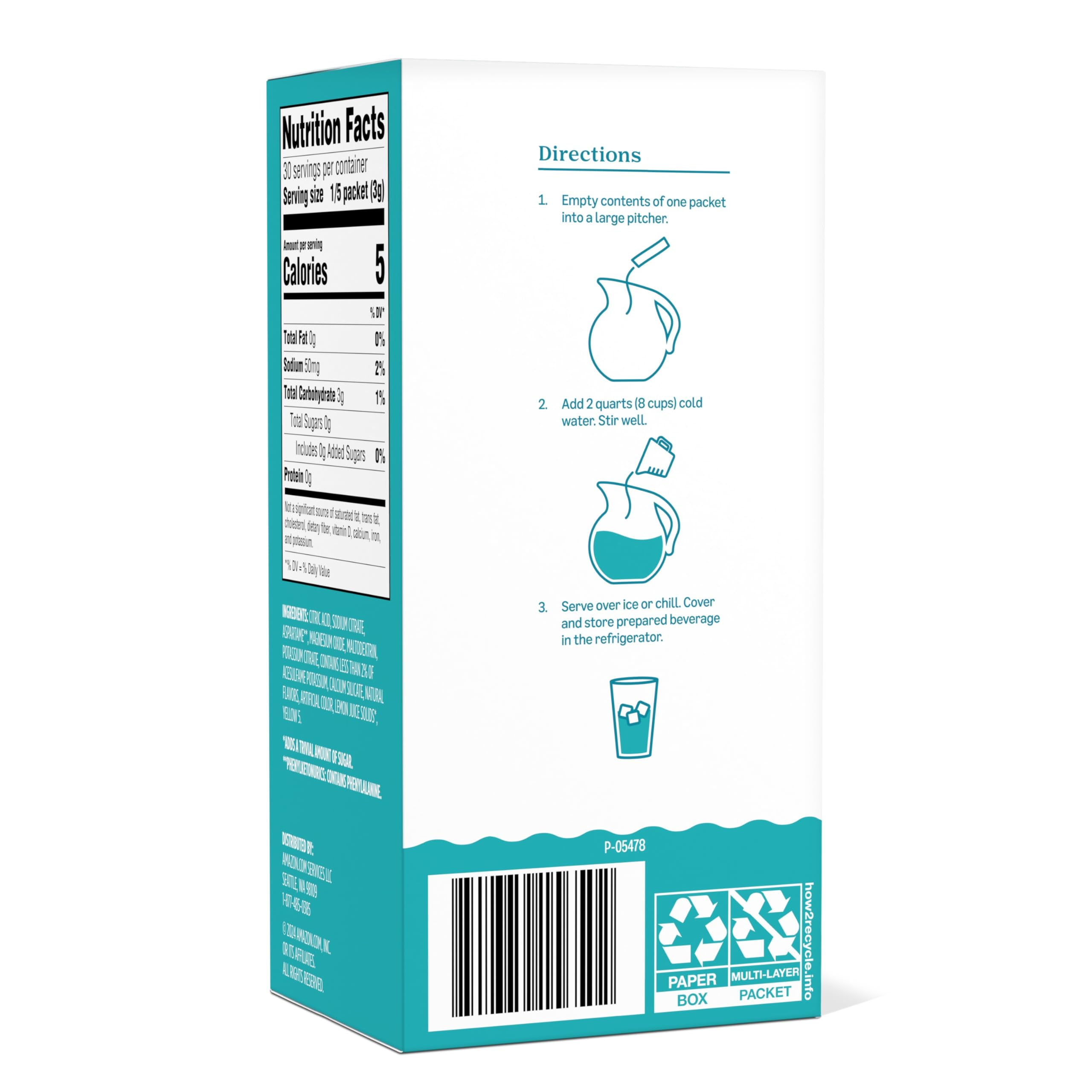 Amazon Grocery Lemonade Drink Mix box side — compact design for pantry storage.