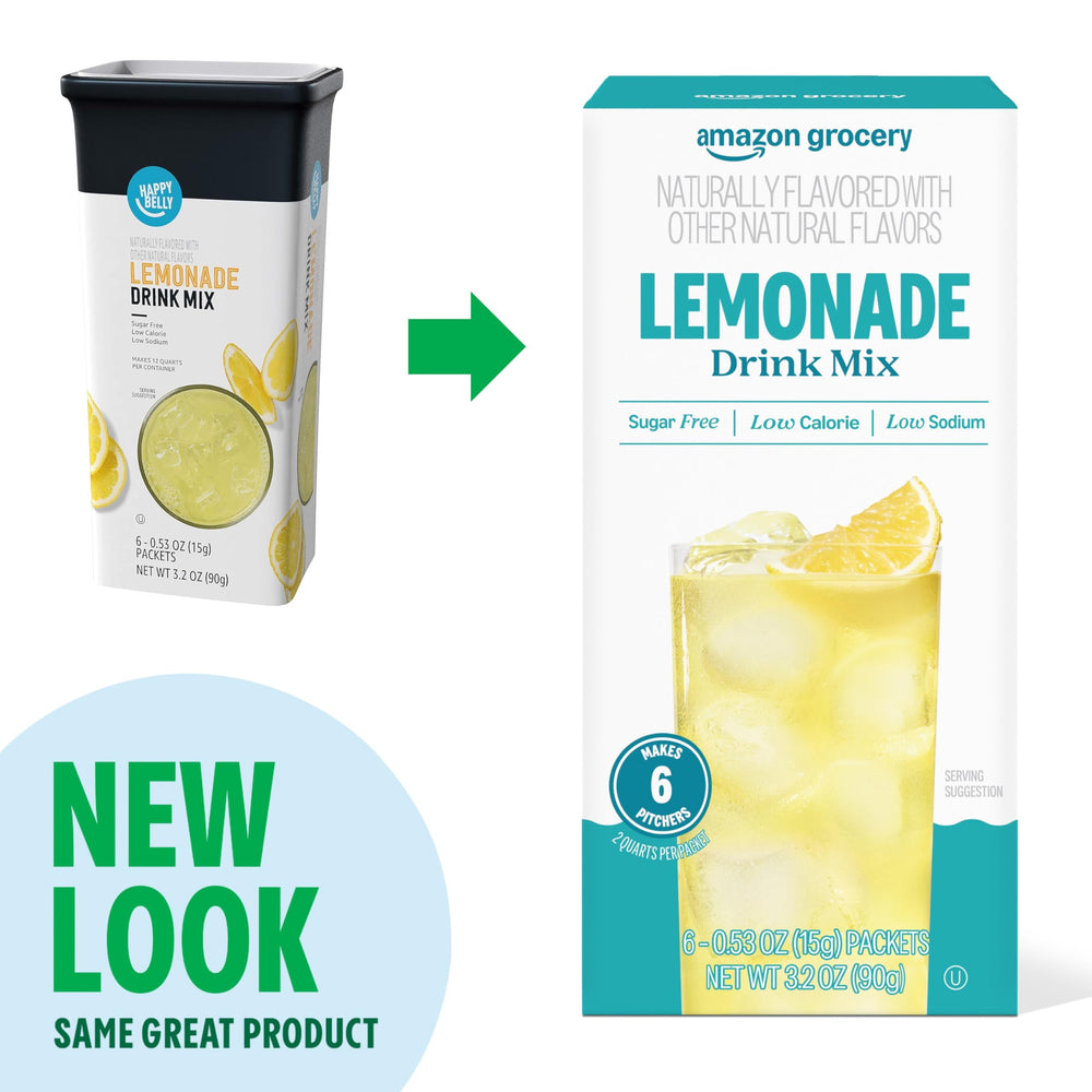 Amazon Grocery Lemonade Drink Mix being poured into a glass — ready refreshment.