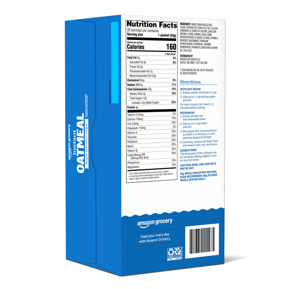 Amazon Grocery oatmeal box on pantry shelf for quick mornings