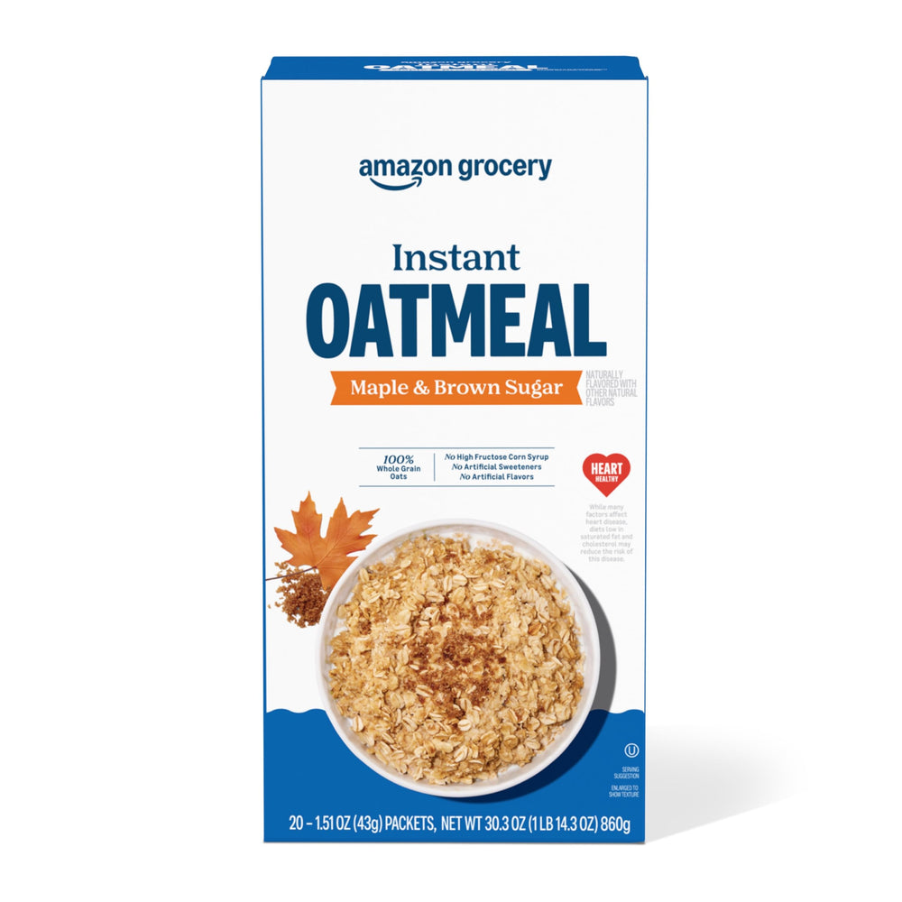 Amazon Grocery Maple and Brown Sugar instant oatmeal packets ready to serve breakfast