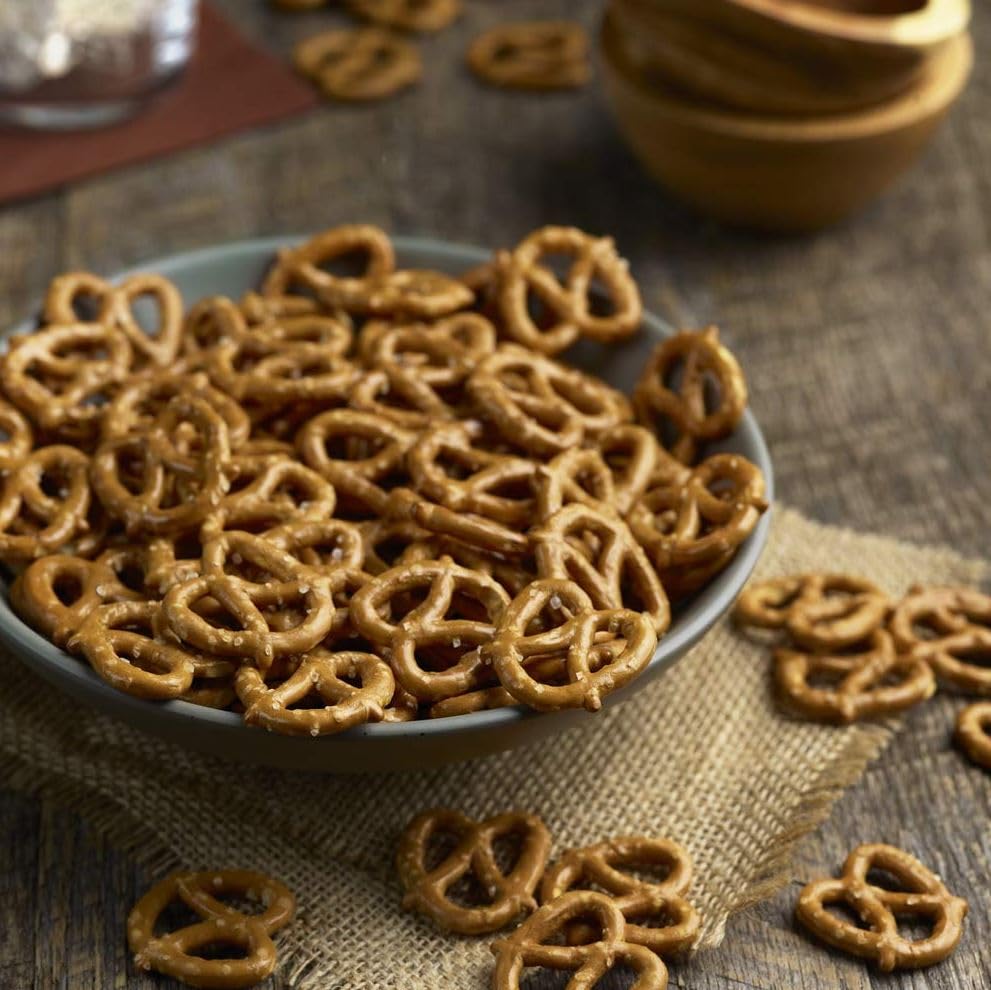 Amazon Grocery Mini Twist Pretzels pantry storage, easy to stack in a dry closet.