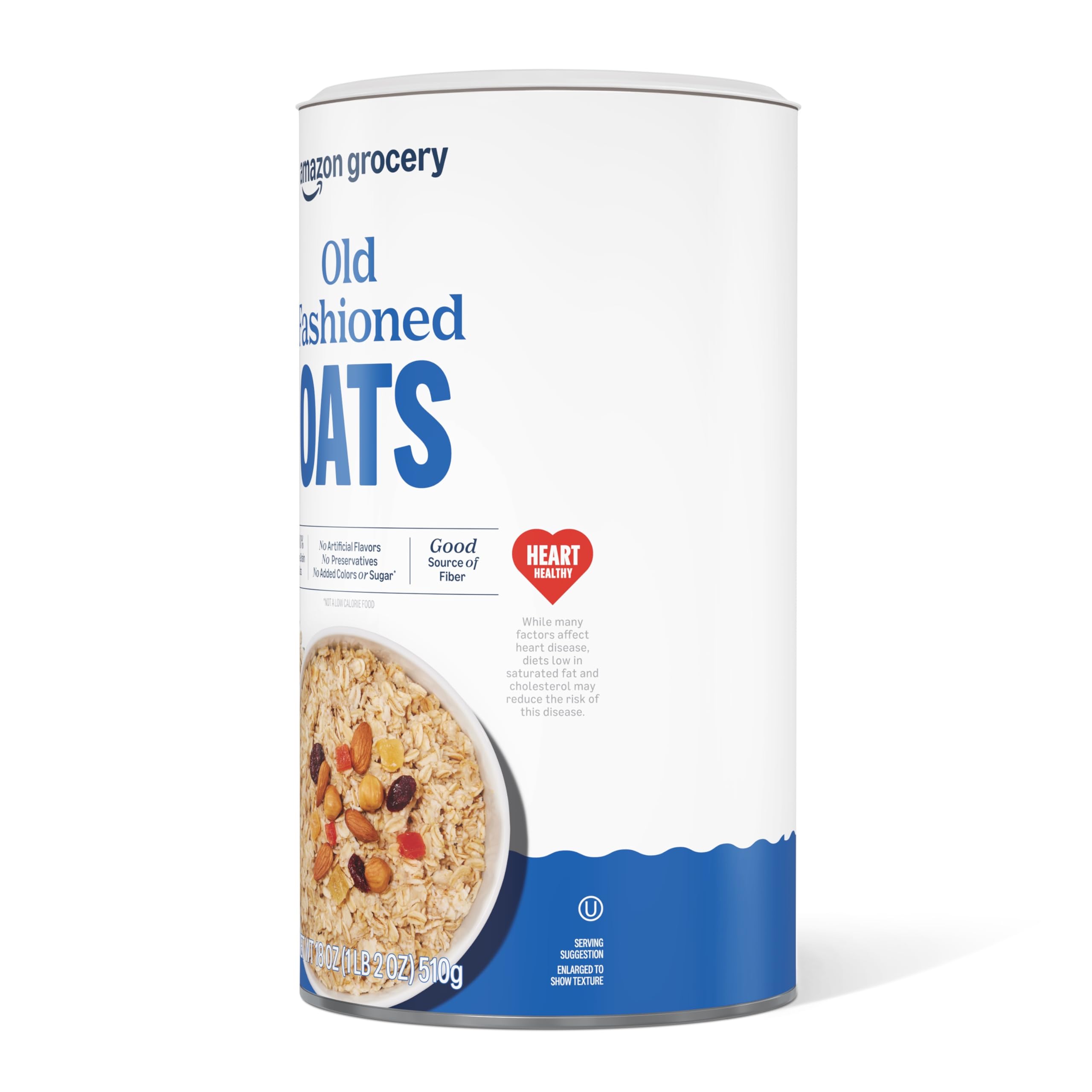 Amazon Grocery Old Fashioned Oats close-up emphasizes simple ingredients and fiber.