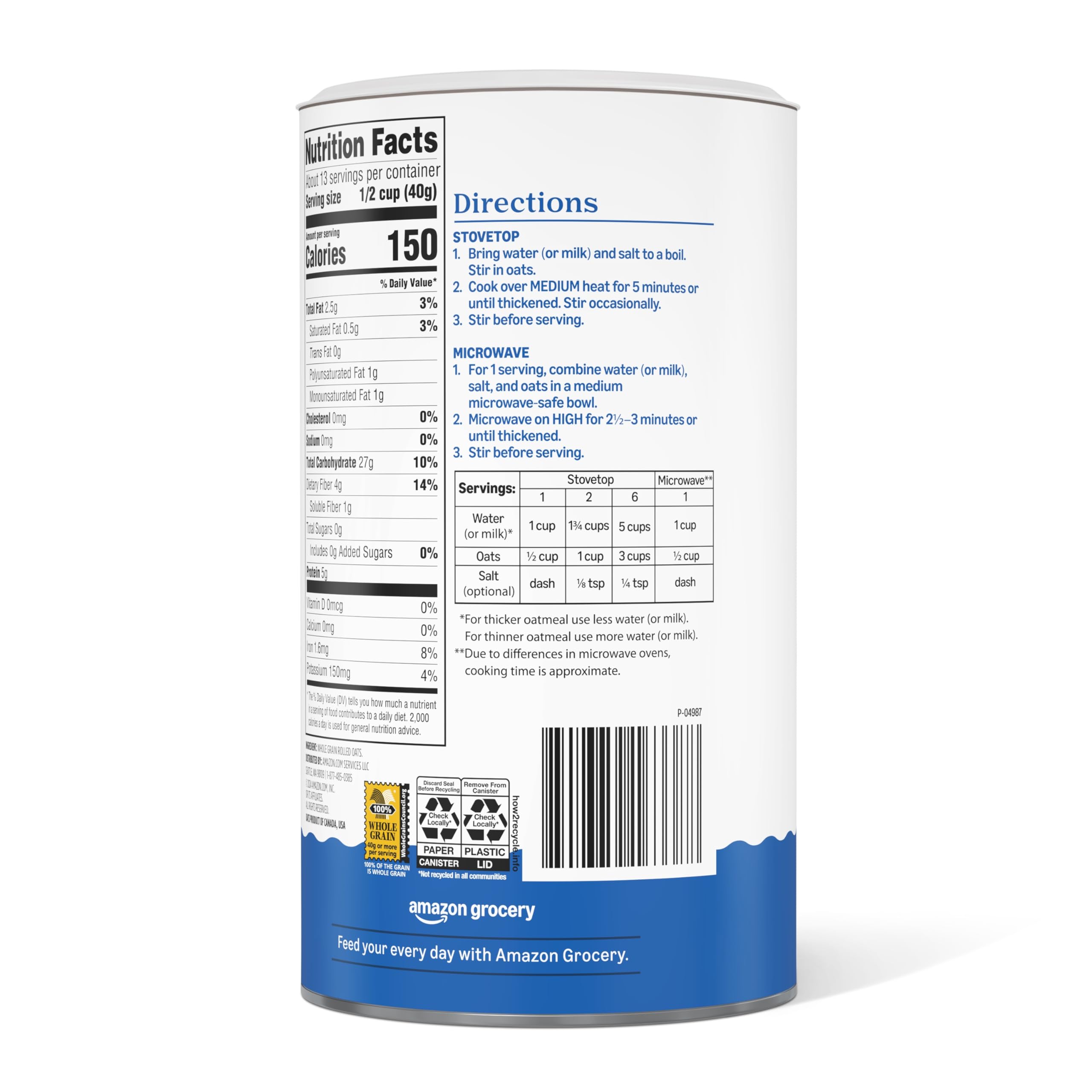 Amazon Grocery Old Fashioned Oats label shows no artificial flavors or added sugars.