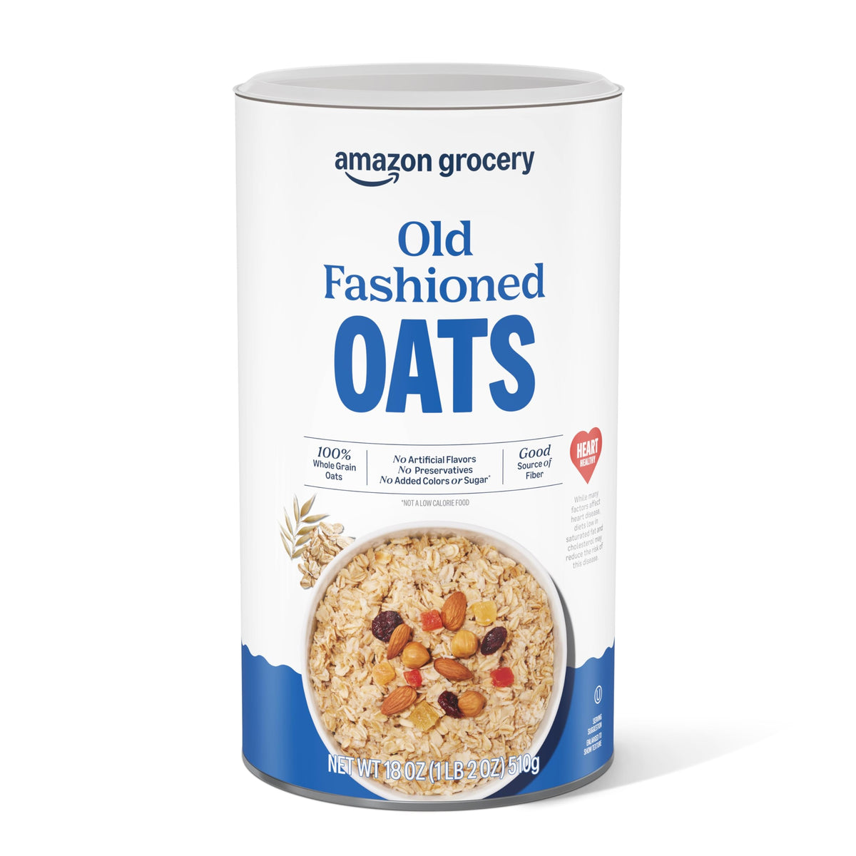 Amazon Grocery Old Fashioned Oats pack shot highlights convenient 18 oz container.