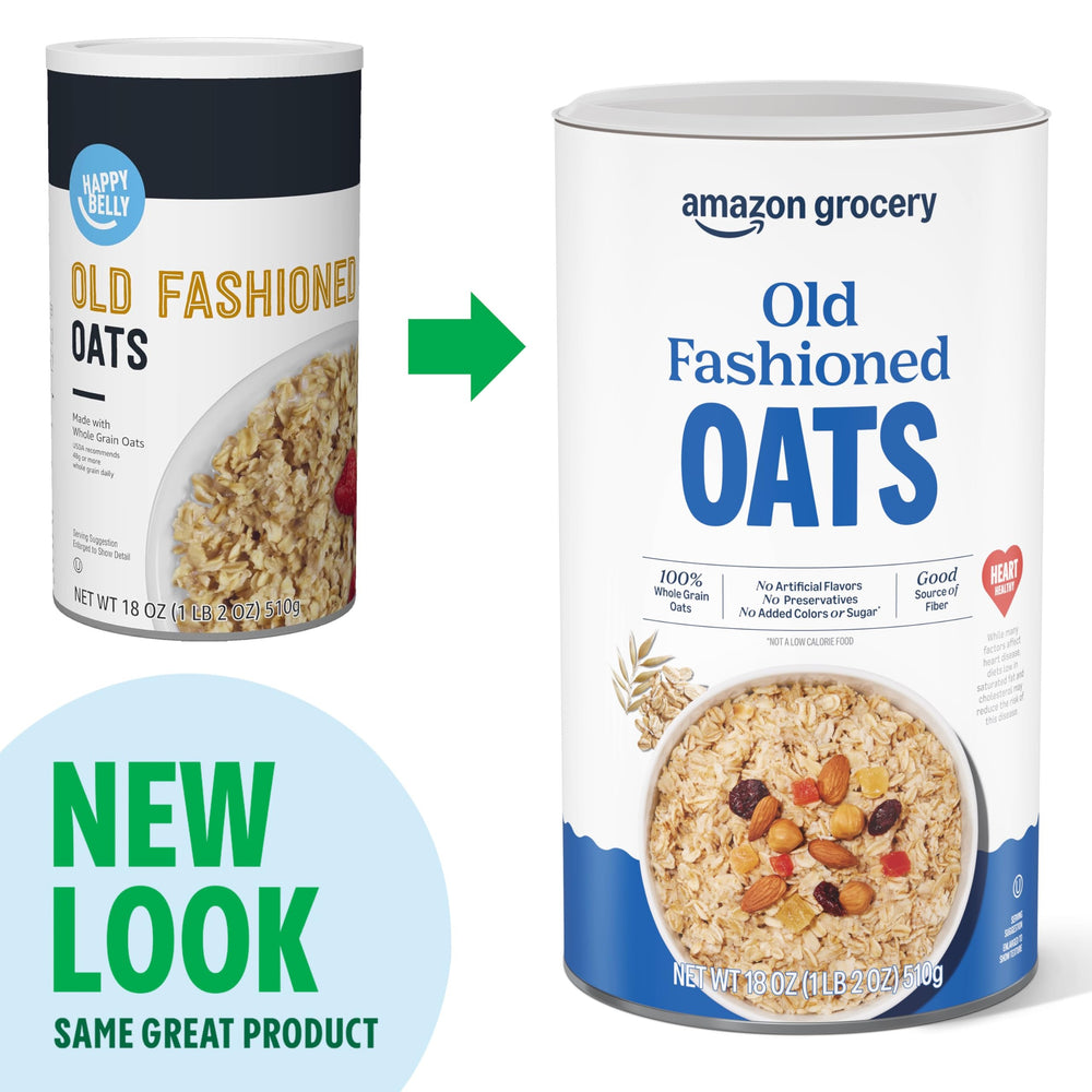 Amazon Grocery Old Fashioned Oats pouring into a pan for quick breakfasts.