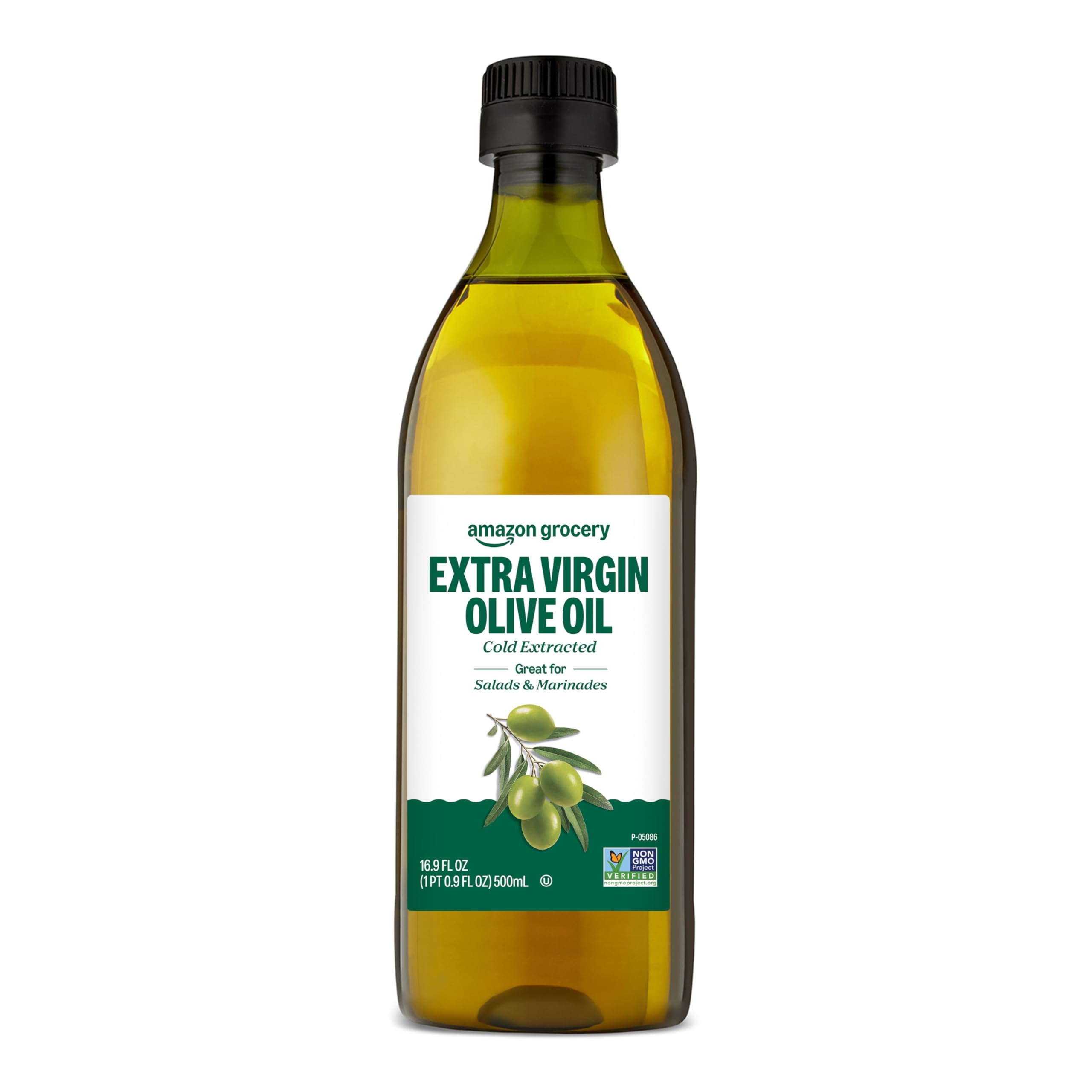 Amazon Grocery olive oil bottle showcasing cold-extracted formula for versatile cooking.