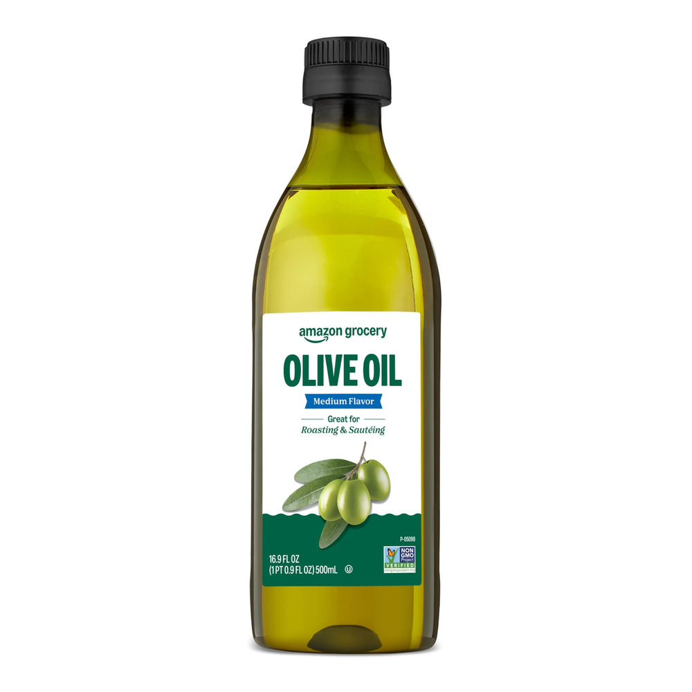 Amazon Grocery olive oil bottle with medium flavor for versatile cooking.