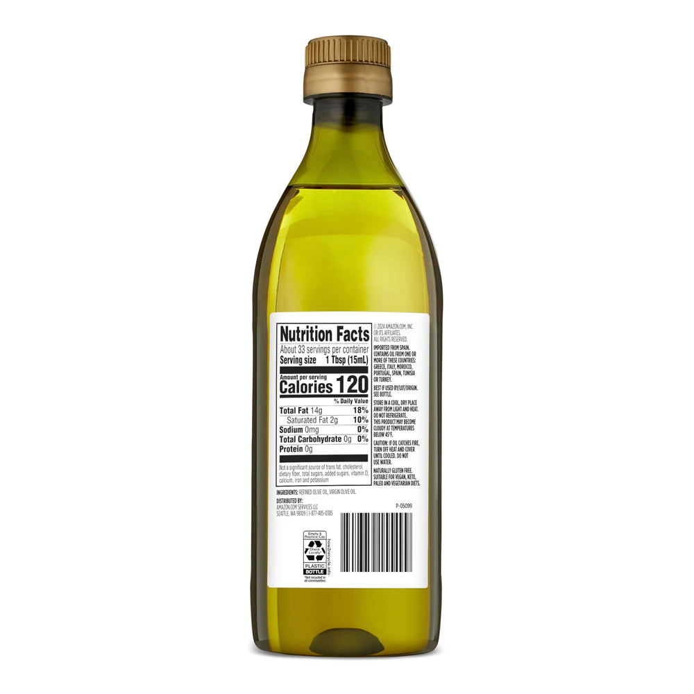 Amazon Grocery olive oil being poured, ideal for sautéing and roasting.