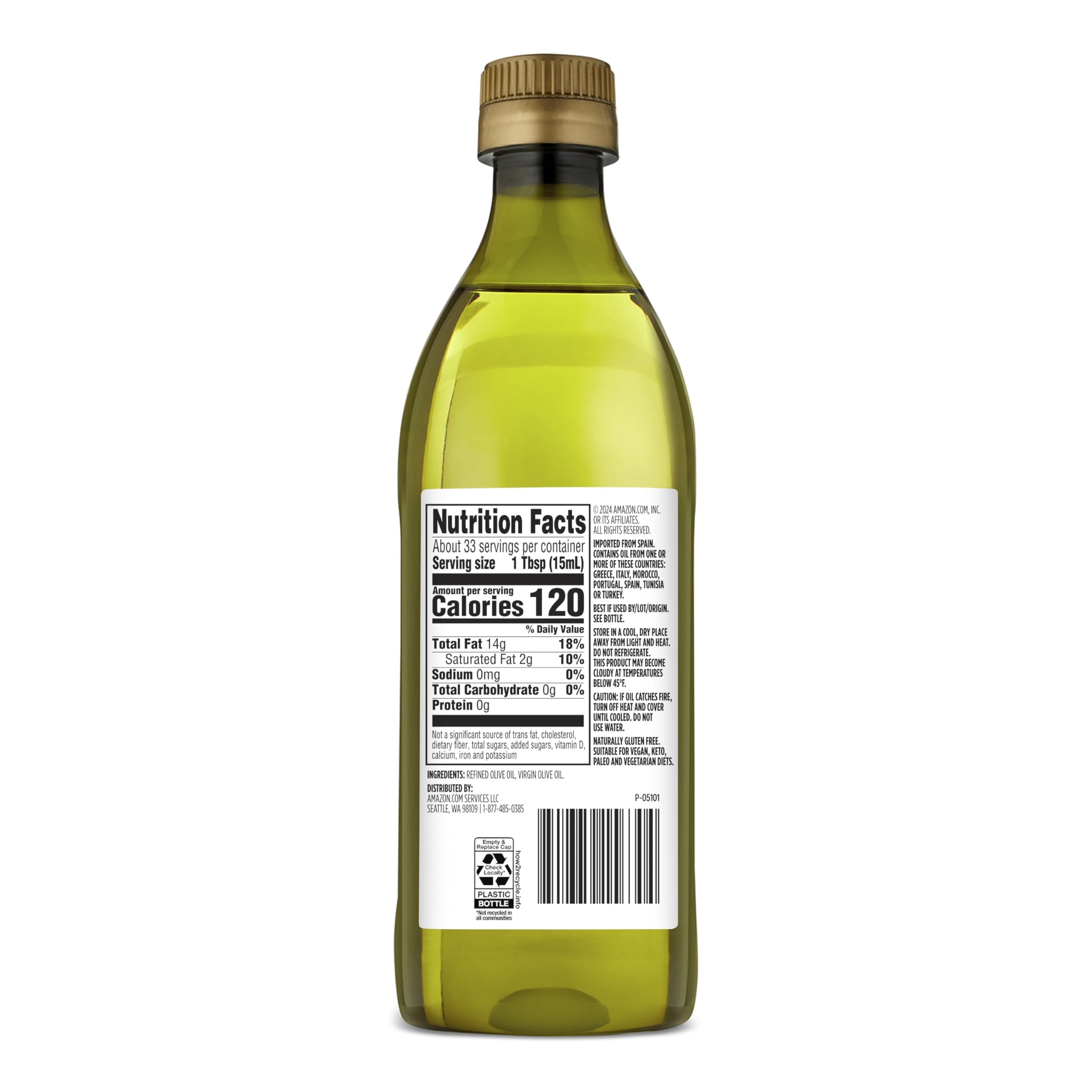 Amazon Grocery olive oil bottle being poured, mild flavor for frying and finishing dishes.