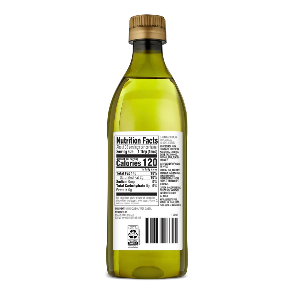 Amazon Grocery olive oil bottle being poured, mild flavor for frying and finishing dishes.