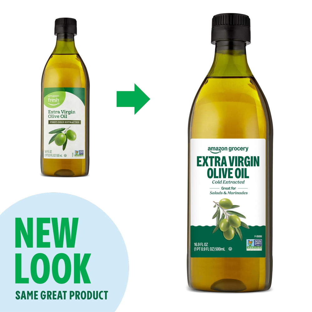 Amazon Grocery olive oil bottle on counter shows golden-green color.