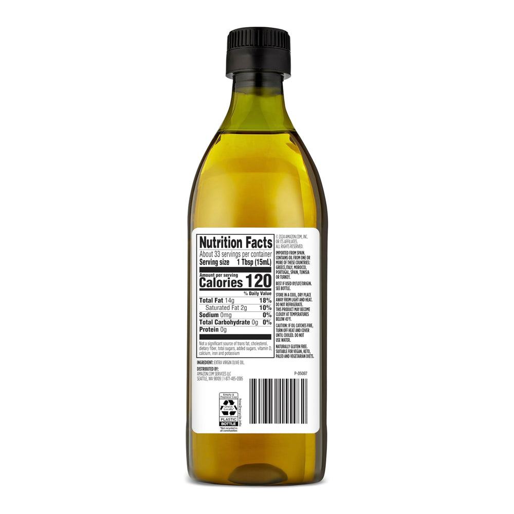 Amazon Grocery olive oil pour demonstrates smooth drizzle for salads and marinades.