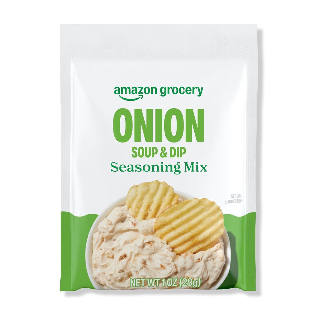Amazon Grocery onion soup seasoning box-front offers quick flavor boost.