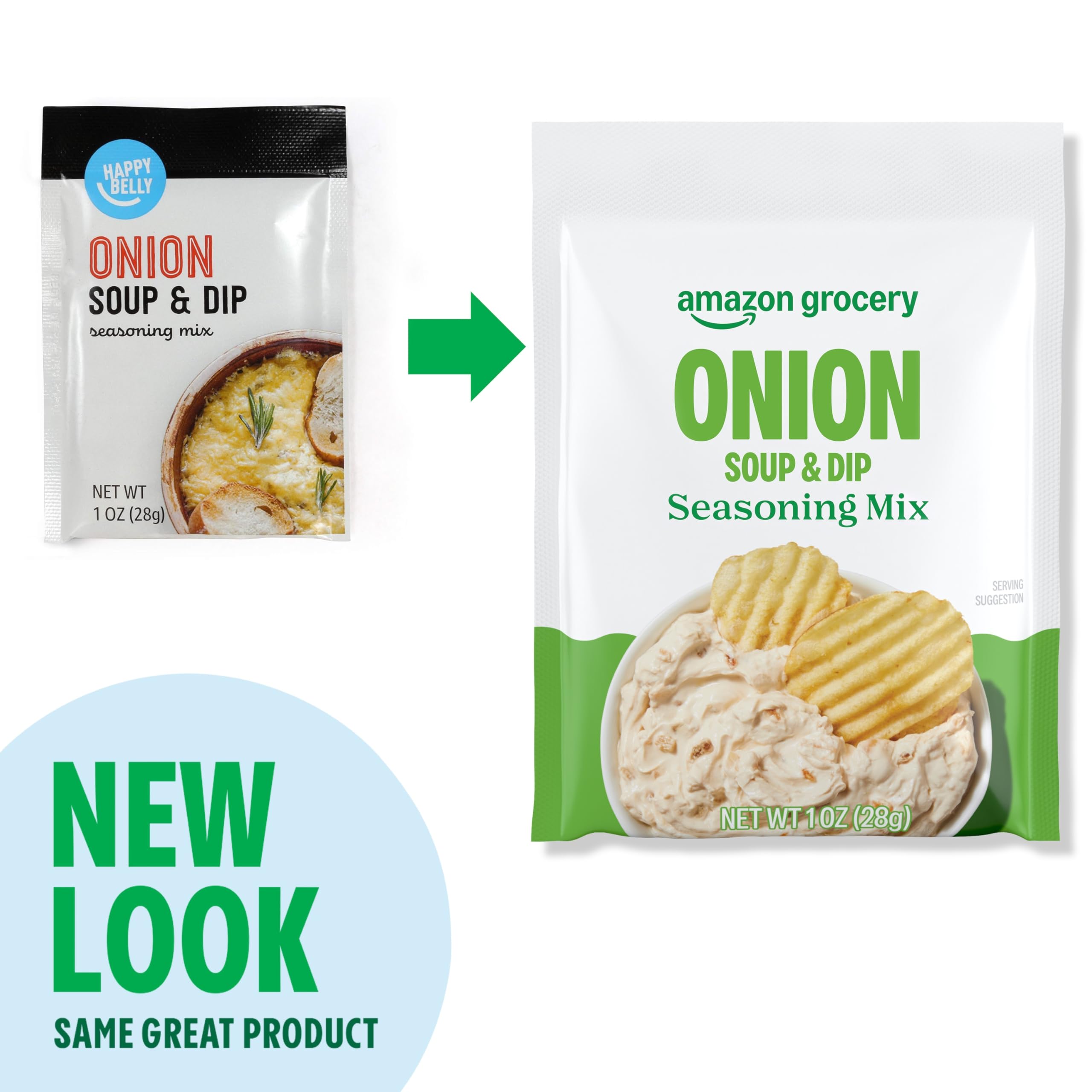Amazon Grocery onion soup seasoning packet close-up shows soy and wheat ingredients.