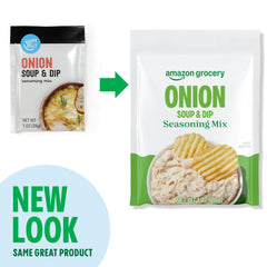 Amazon Grocery onion soup seasoning packet close-up shows soy and wheat ingredients.